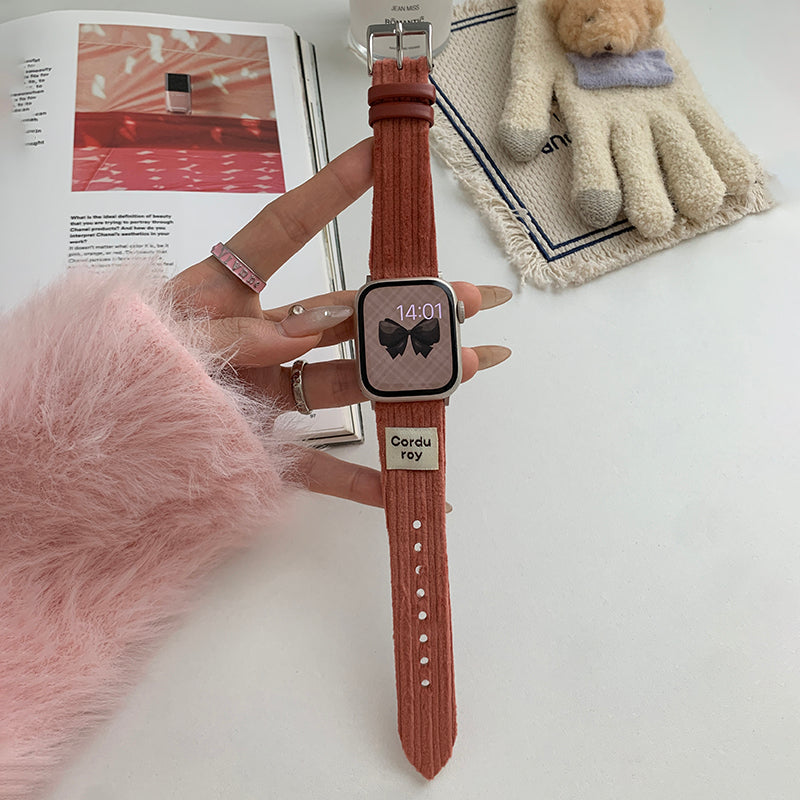 For Apple Watch Ultra 2 Ultra 49mm / Series 9 8 7 45mm / SE (2023) SE (2022) SE 6 5 4 44mm / 3 2 1 42mm Corduroy Watch Band - Watermelon Red For Apple Watch Ultra 2 Ultra 49mm / Series 9 8 7 45mm / SE (2023) SE (2022) SE 6 5 4 44mm / 3 2 1 42mm Corduroy Watch Band - Watermelon Red